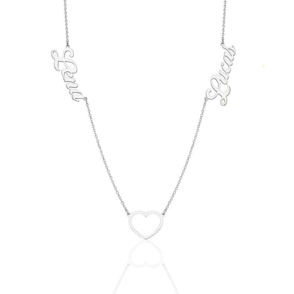 İsim Kolyesi İki İsimli Kalp Kolye - 925 Ayar Gümüş