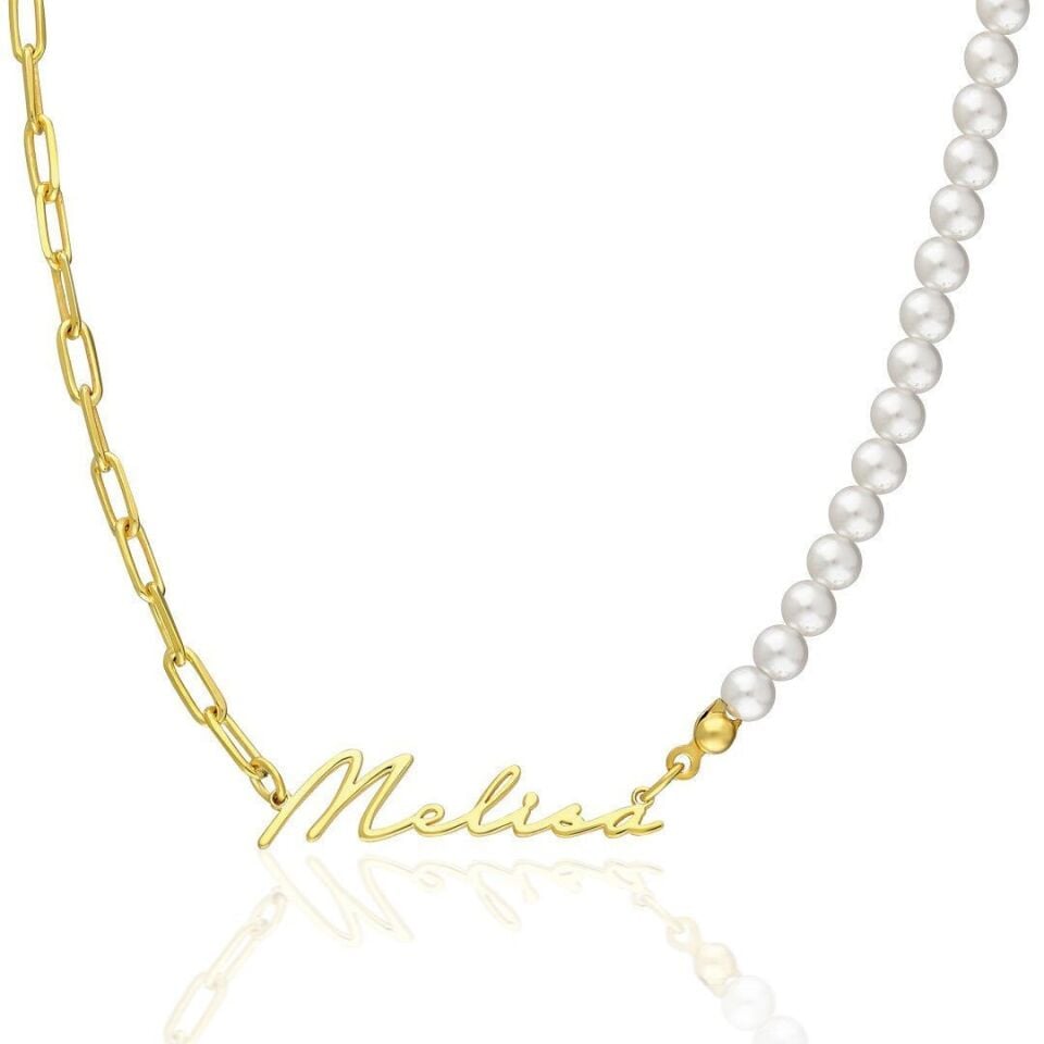 İsim Kolyesi Yarım İncili El Yazısı İsim Kolyesi - 925 Ayar Gümüş