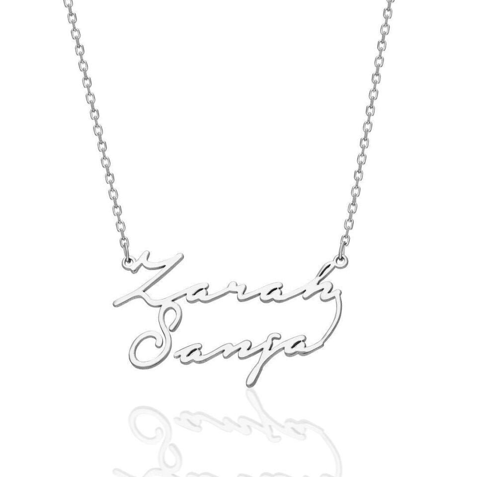 İsim Kolyesi İki İsmin Yazılı Olduğu El Yazısı Kolye - 925 Ayar Gümüş