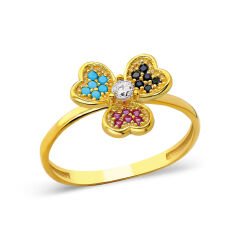 renkli taşlarla süslenmiş üç yapraklı yonca yüzük