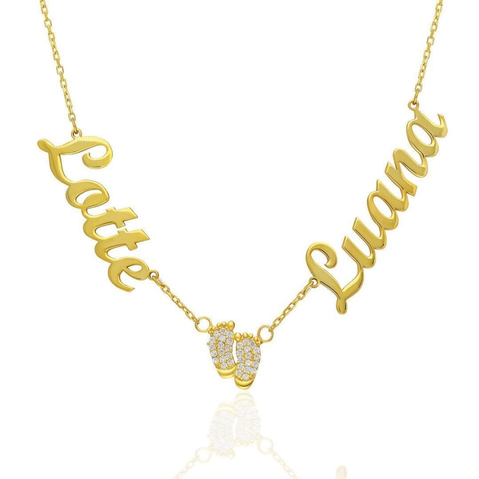 İsim Kolyesi İki İsimli Ayak İzi Kolyesi - 925 Ayar Gümüş