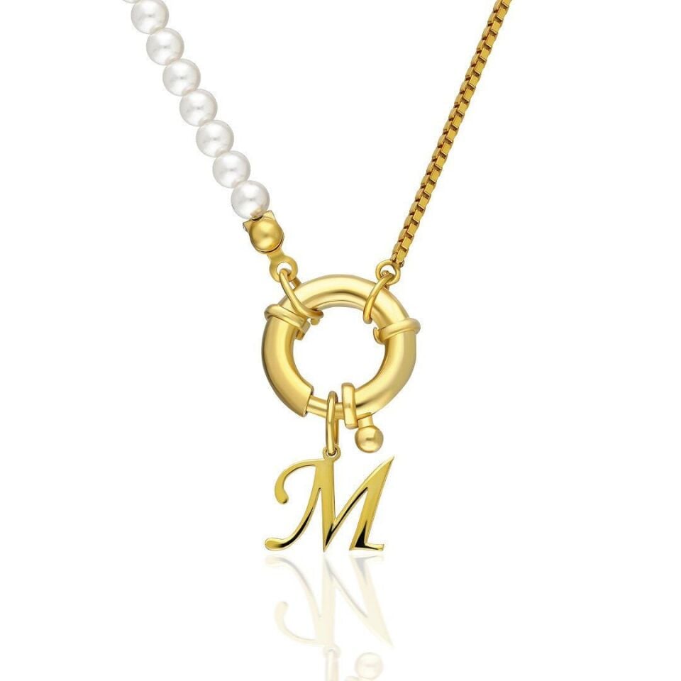 İsim Kolyesi Harf Kolyesi Zincir Ve İncilerle - 925 Ayar Gümüş