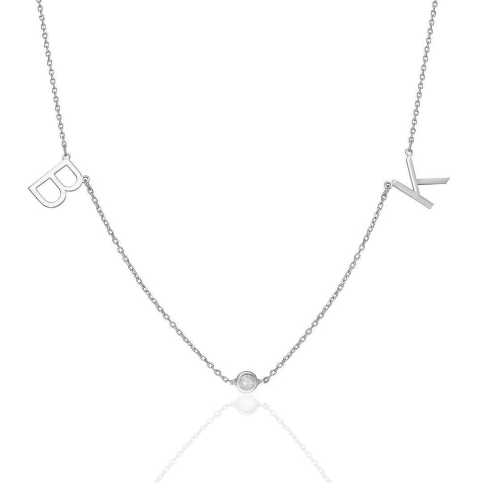 İsim Kolyesi Harf Kolyesi Nokta Taşlı - 925 Ayar Gümüş