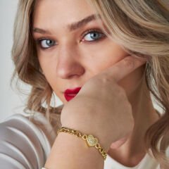 taşlı ve kalpli çift zincirli bilezik