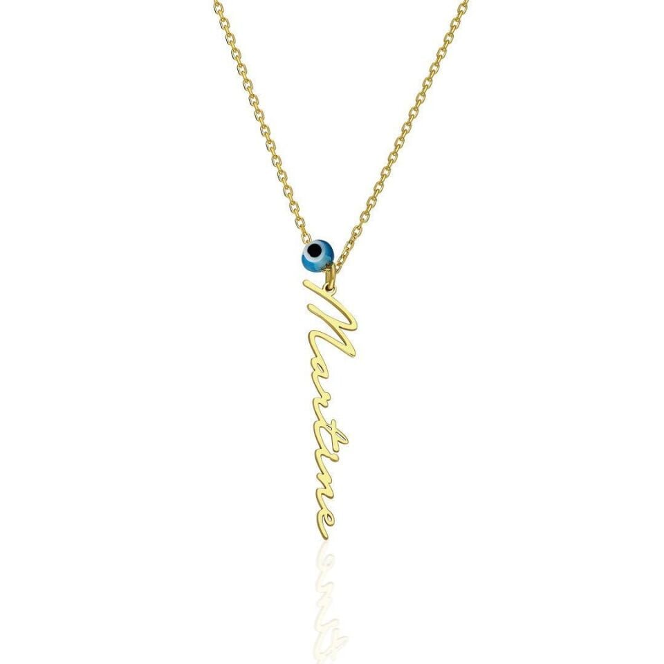 İsim Kolyesi Nazar Blick Dik Yazılı İsim Kolyesi - 925 Ayar Gümüş