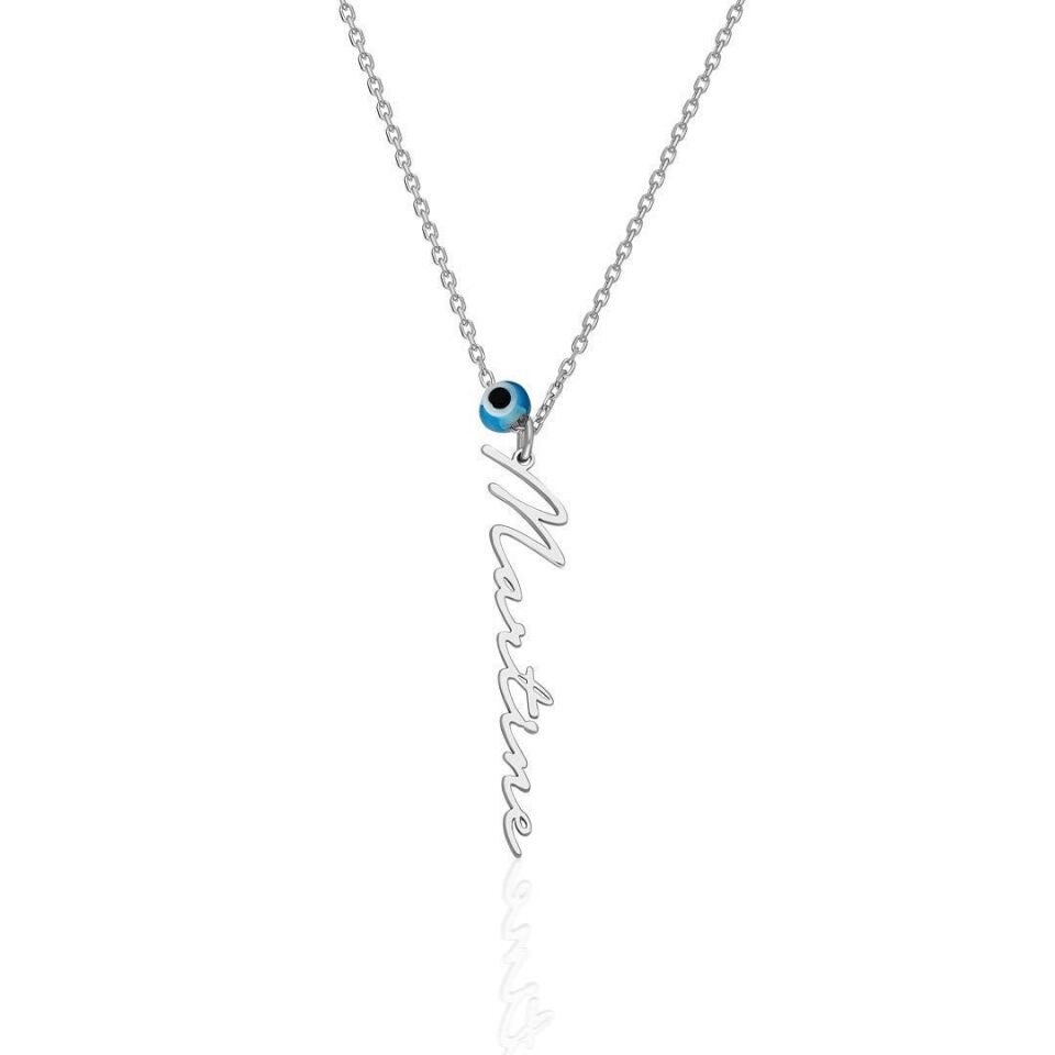 İsim Kolyesi Nazar Blick Dik Yazılı İsim Kolyesi - 925 Ayar Gümüş