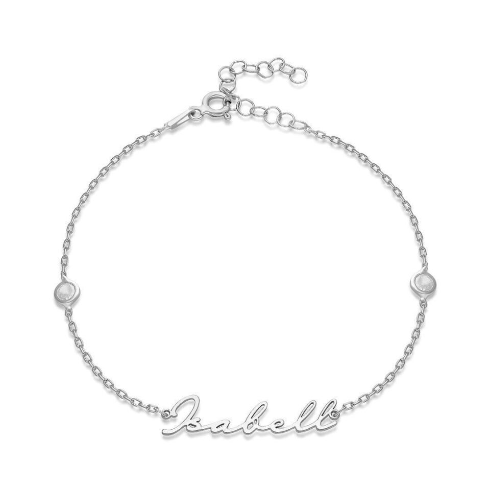 İsim Bileziği Zirkon Taşlı Bileklik İsimli - 925 Ayar Gümüş