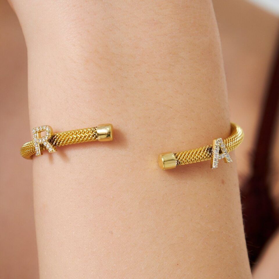 İsim Bileziği Taş Ve Harfli Söğüt Bileklik - 925 Ayar Gümüş