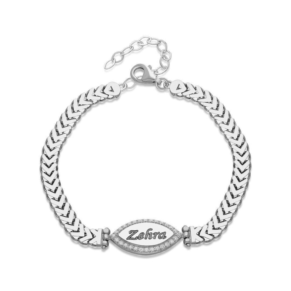 İsim Bileziği Dikenli Zincir Bilezik Taşlı - 925 Ayar Gümüş