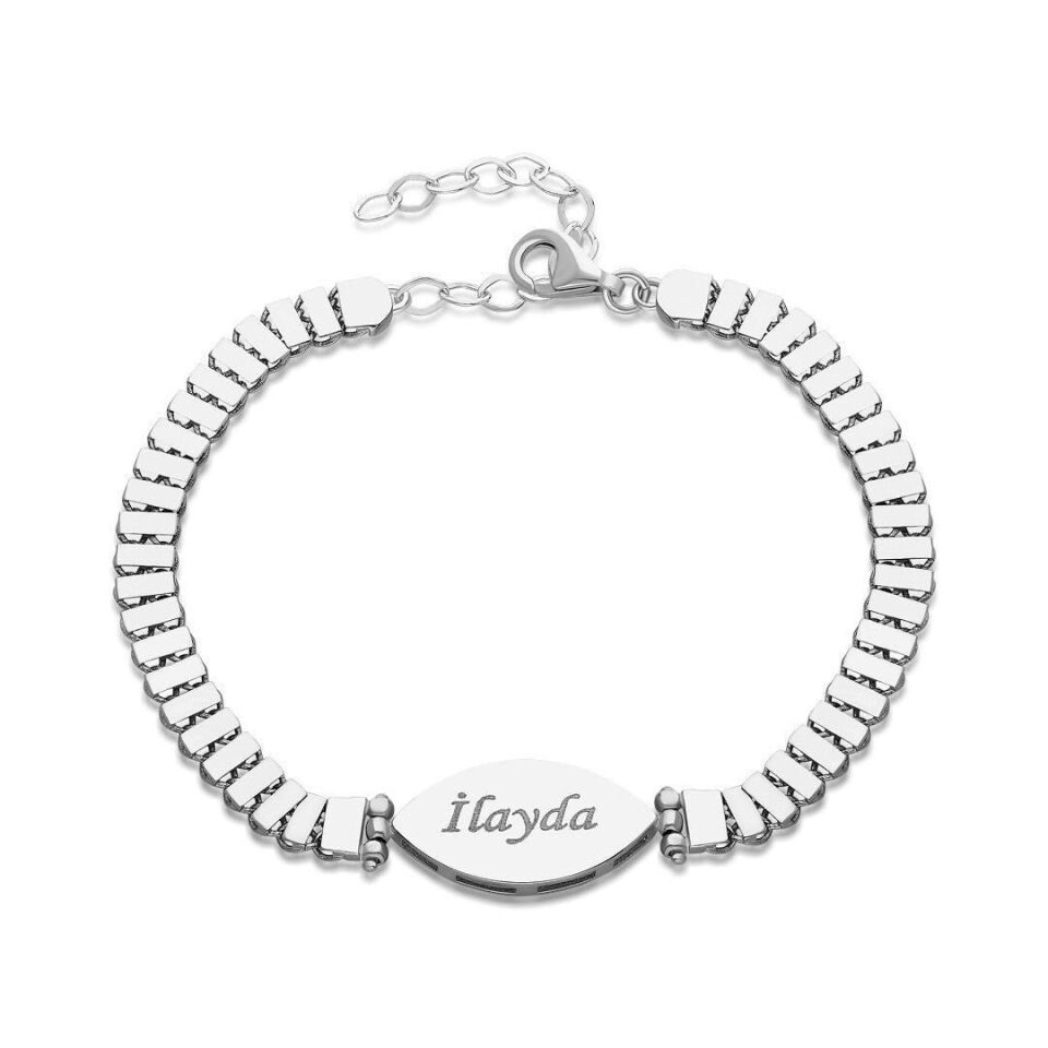 İsim Bileziği Oval İsimli Dikdörtgen Zincir Bileklik - 925 Ayar Gümüş