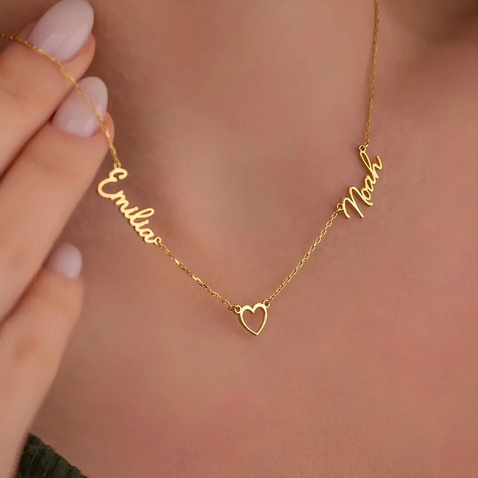 kalp bağlantılı çift isimli kolye - 925 ayar gümüş