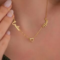 kalp bağlantılı çift isimli kolye - 925 ayar gümüş