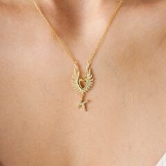 harfli büyük kanatlı kalp kolye