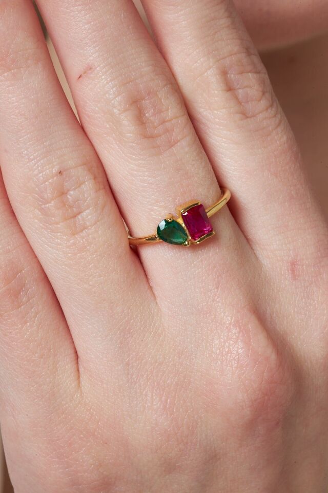 renkli taşlarla baget ve damla yüzük