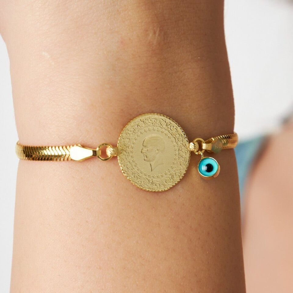 Atatürk Çeyrekli Nazar Boncuklu Balıksırtı Zincirli Bileklik - 925 Ayar Gümüş