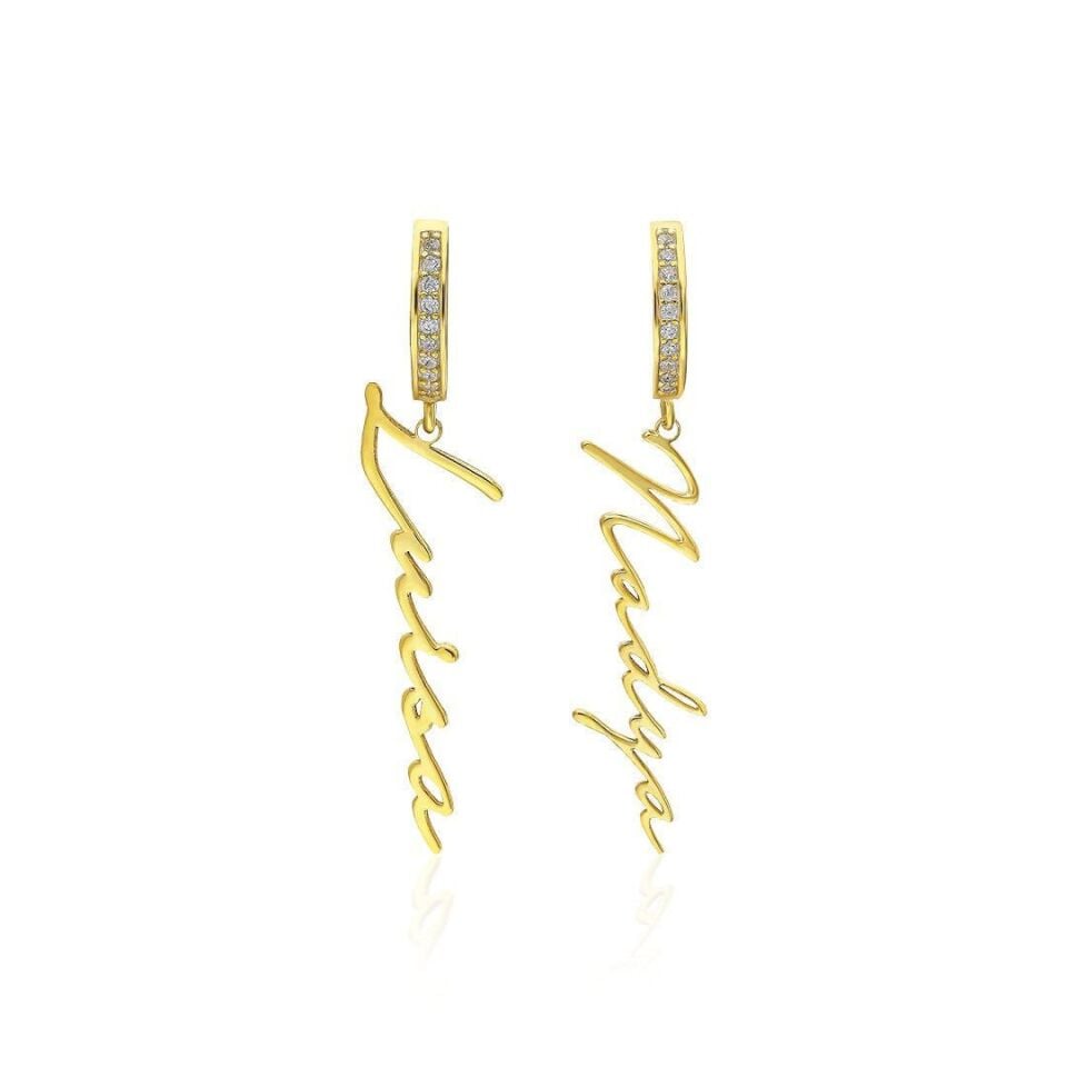 Taşlı Dikey İsim Küpeleri - 925 Ayar Gümüş