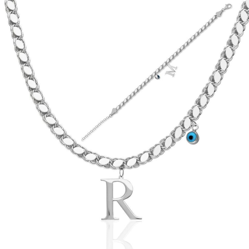 Harfli Pullu Eşarp Kolye Seti - 925 Ayar Gümüş