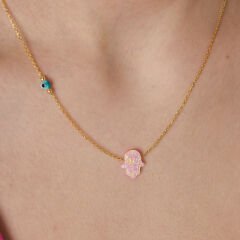 orijinal pembe opal fatma el kolyesi bosem gözlü