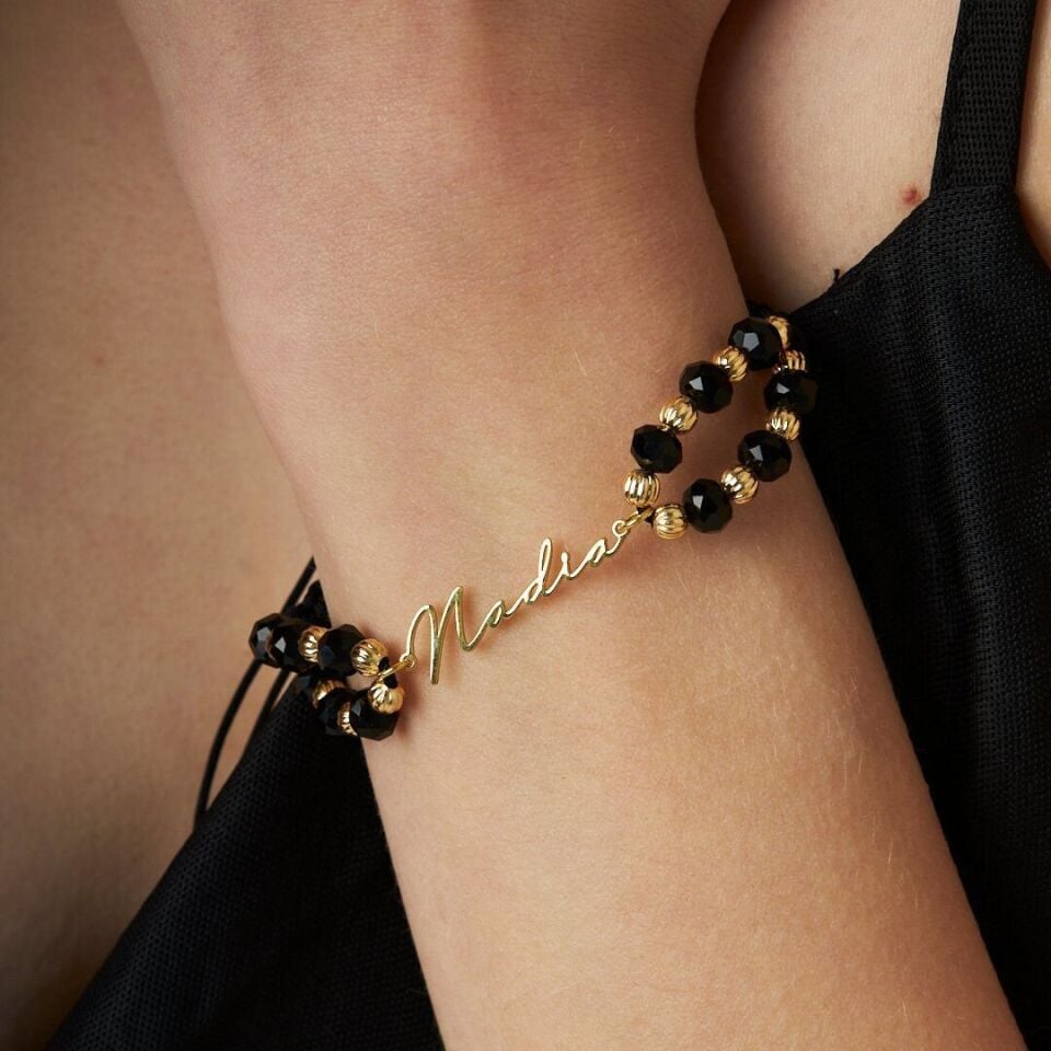 isim bileziği - isim boncuklu siyah ip bileklik