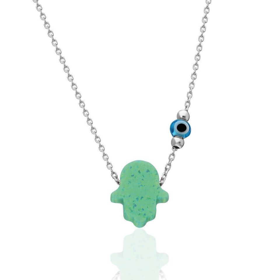 Orijinal Yeşil Opal Fatma El Kolyesi 1 - 925 Ayar Gümüş