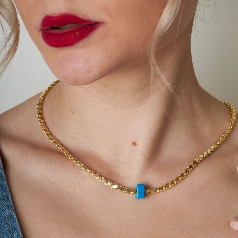 Mavi Taşlı Arpa Pullu Zincir - 925 Ayar Gümüş