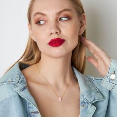 Orjinal Pembe Basit Opal Fatma El Kolye - 925 GÜMÜŞ