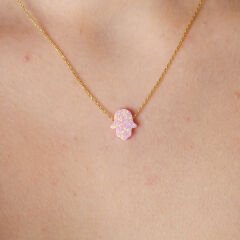 Orjinal Pembe Basit Opal Fatma El Kolye - 925 GÜMÜŞ