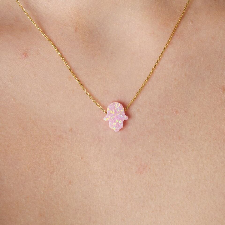 Orjinal Pembe Basit Opal Fatma El Kolye - 925 GÜMÜŞ