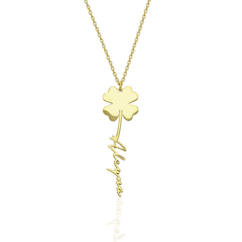 İsim Kolyesi El Yazısıyla Yazılmış İsmin Yazılı Olduğu Yonca Kolye - 925 Ayar Gümüş