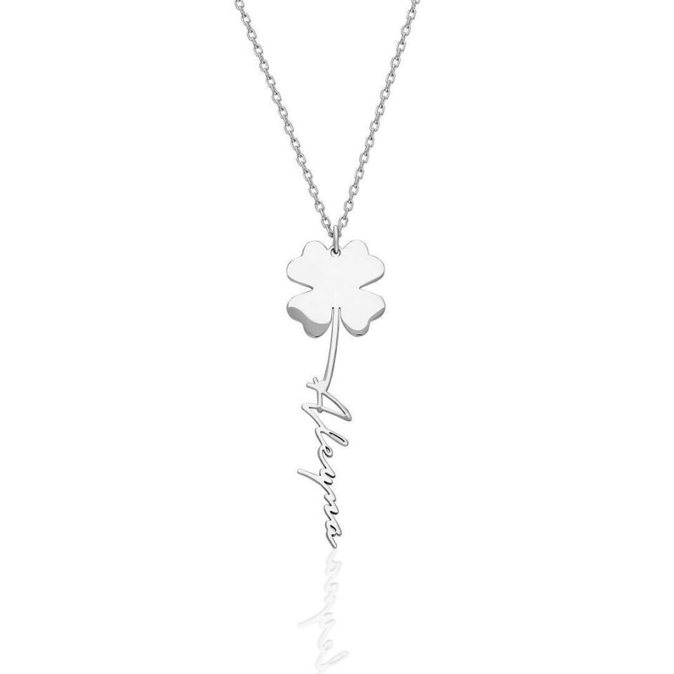 İsim Kolyesi El Yazısıyla Yazılmış İsmin Yazılı Olduğu Yonca Kolye - 925 Ayar Gümüş