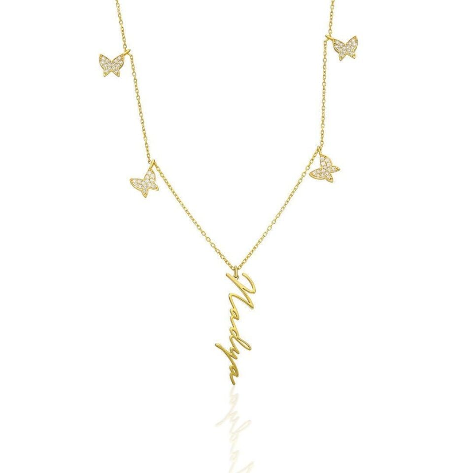 İsim Kolyesi Kelebek Sıralı Dikey İsim Kolyesi - 925 Ayar Gümüş